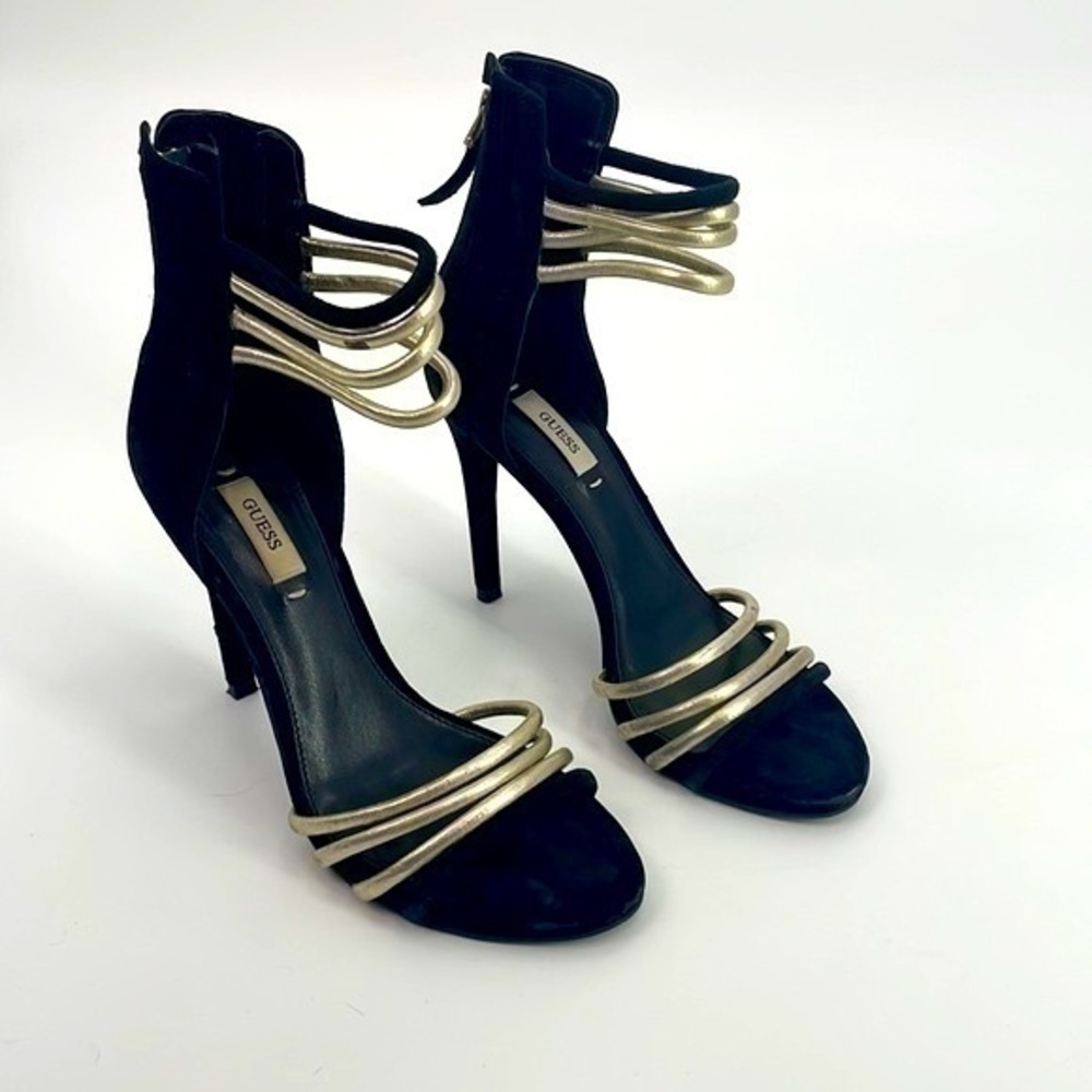 UEC Guess black & gold leather banded ankle strap stilettos size 7 no box